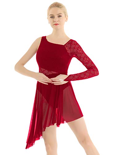 Freebily Vestido Danza Ballet Mujer Maillot Gimnasia Ritmica Leotardo Patinaje Básico con Un Manga Larga Tutú Vestido Danza Contemporanea Moderna Mujer Burgundy X-Small