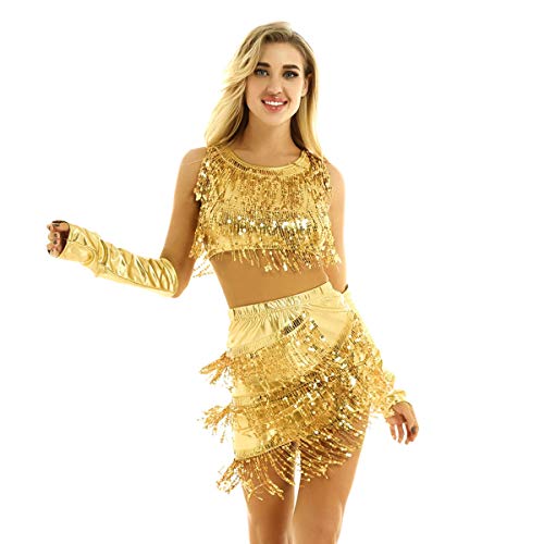 Freebily Vestido de Danza Latino Contemporánea Mujer Vestido de Danza Vientre Clásica de Tango Salón de Baile Salsa Lentejuelas Flecos Borla con Guantes Dorado Una Talla