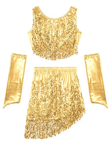 Freebily Vestido de Danza Latino Contemporánea Mujer Vestido de Danza Vientre Clásica de Tango Salón de Baile Salsa Lentejuelas Flecos Borla con Guantes Dorado Una Talla