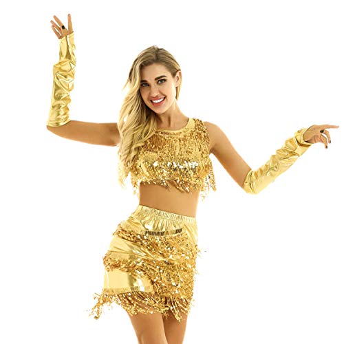 Freebily Vestido de Danza Latino Contemporánea Mujer Vestido de Danza Vientre Clásica de Tango Salón de Baile Salsa Lentejuelas Flecos Borla con Guantes Dorado Una Talla