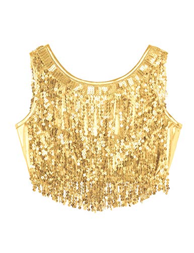 Freebily Vestido de Danza Latino Contemporánea Mujer Vestido de Danza Vientre Clásica de Tango Salón de Baile Salsa Lentejuelas Flecos Borla con Guantes Dorado Una Talla