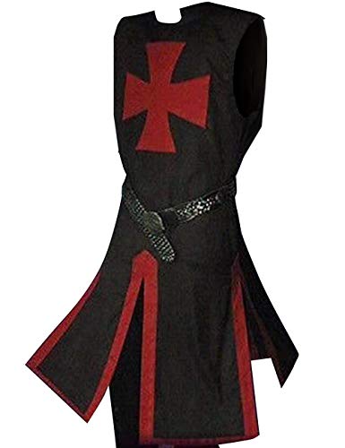Fueri Disfraz medieval de caballero templario adulto guerrero túnica imperio traje cosplay capa abrigo Halloween LARP, rojo y negro, M