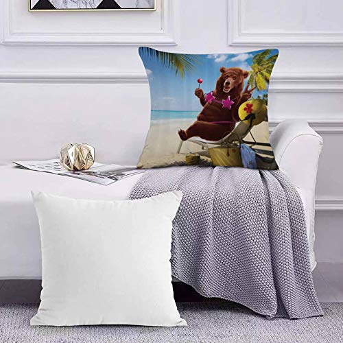 Funda de algodón 45 x 45 cm Animal Divertido Feliz Oso Salvaje Salvaje con Top de Bikini en la Playa para Tomar el Sofá Throw Cojín Almohada Caso de la Cubierta para Sala de Estar 45x45cm