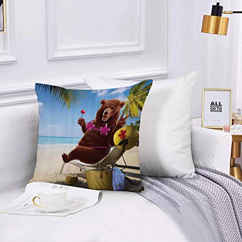 Funda de algodón 45 x 45 cm Animal Divertido Feliz Oso Salvaje Salvaje con Top de Bikini en la Playa para Tomar el Sofá Throw Cojín Almohada Caso de la Cubierta para Sala de Estar 45x45cm