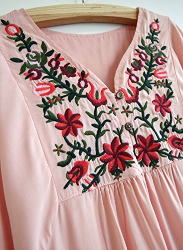 FUTURINO Vestido bohemio para mujer, túnica hippie bordado, flores, mexicano, vestido de verano, bohemio, bordado, túnica 02 Rosa XL