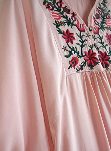 FUTURINO Vestido bohemio para mujer, túnica hippie bordado, flores, mexicano, vestido de verano, bohemio, bordado, túnica 02 Rosa XL