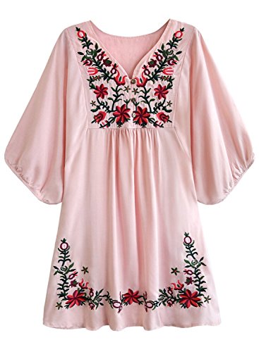 FUTURINO Vestido bohemio para mujer, túnica hippie bordado, flores, mexicano, vestido de verano, bohemio, bordado, túnica 02 Rosa XL