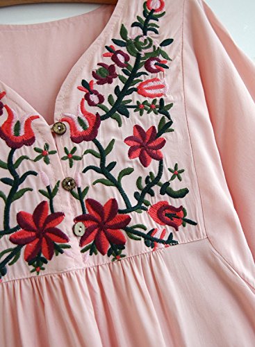 FUTURINO Vestido bohemio para mujer, túnica hippie bordado, flores, mexicano, vestido de verano, bohemio, bordado, túnica 02 Rosa XL