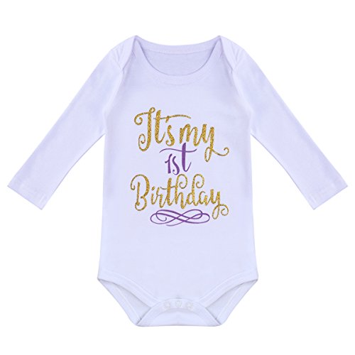 FYMNSI Infantil Bebé Niña Es mi Primer 1er Cumpleaños Estampado Manga Larga Mameluco Romper Body Tutú Falda Bowknot Diadema 3 Piezas Traje Set 1 Año Fiesta Fotografía Vestir Regalo Púrpura