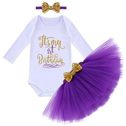 FYMNSI Infantil Bebé Niña Es mi Primer 1er Cumpleaños Estampado Manga Larga Mameluco Romper Body Tutú Falda Bowknot Diadema 3 Piezas Traje Set 1 Año Fiesta Fotografía Vestir Regalo Púrpura