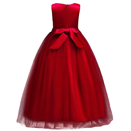 FYMNSI Niñas Vestido de Princesa Elegante Sin Mangas Bordado de Flores Falda Larga de Tul para Fiesta de Cumpleaños Dama de Honor Boda Ceremonia Comunion Bautizo Rojo Oscuro 11-12 Años