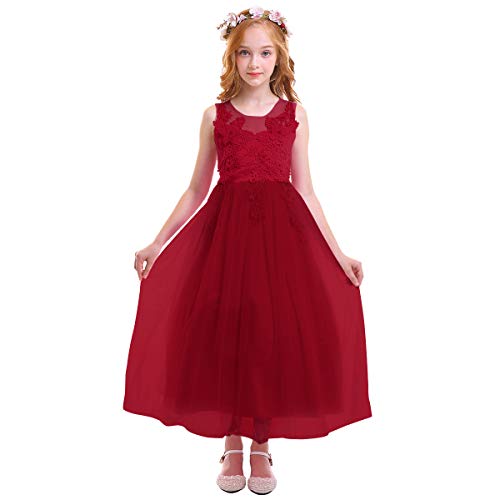 FYMNSI Niñas Vestido de Princesa Elegante Sin Mangas Bordado de Flores Falda Larga de Tul para Fiesta de Cumpleaños Dama de Honor Boda Ceremonia Comunion Bautizo Rojo Oscuro 11-12 Años