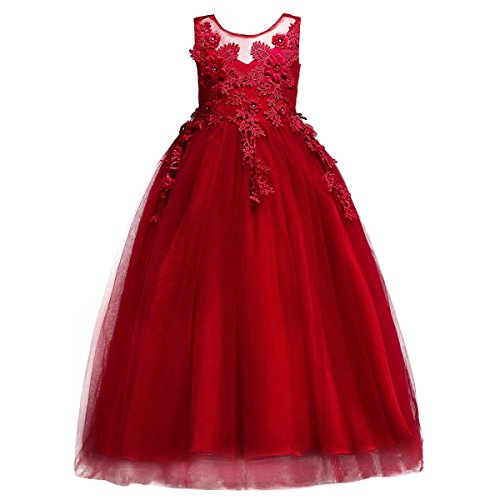 FYMNSI Niñas Vestido de Princesa Elegante Sin Mangas Bordado de Flores Falda Larga de Tul para Fiesta de Cumpleaños Dama de Honor Boda Ceremonia Comunion Bautizo Rojo Oscuro 11-12 Años