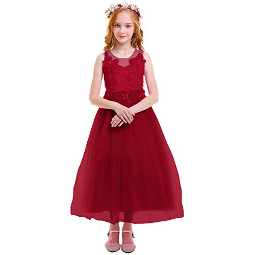 FYMNSI Niñas Vestido de Princesa Elegante Sin Mangas Bordado de Flores Falda Larga de Tul para Fiesta de Cumpleaños Dama de Honor Boda Ceremonia Comunion Bautizo Rojo Oscuro 11-12 Años