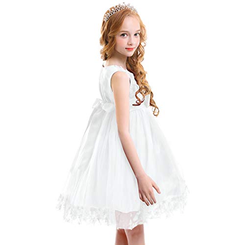 FYMNSI Vestido de Niña de Las Flores Niños Bebé Boda Dama de Honor Princesa Tutu Tul Vestido Corto Sin Mangas Bowknot Fiesta de Cumpleaños Cóctel Noche Vestido de Bola Blanco 9-10 Años