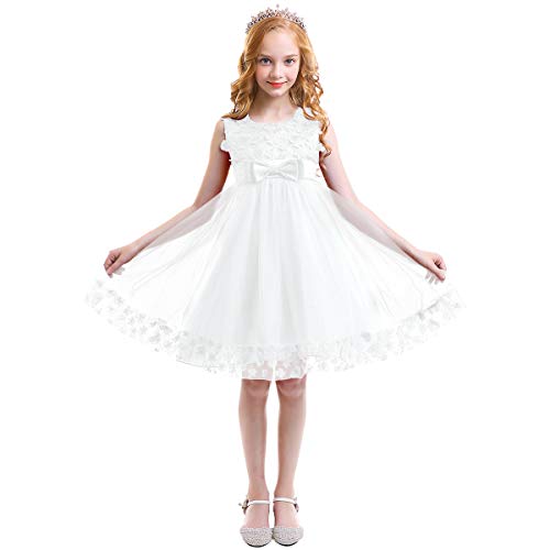 FYMNSI Vestido de Niña de Las Flores Niños Bebé Boda Dama de Honor Princesa Tutu Tul Vestido Corto Sin Mangas Bowknot Fiesta de Cumpleaños Cóctel Noche Vestido de Bola Blanco 9-10 Años