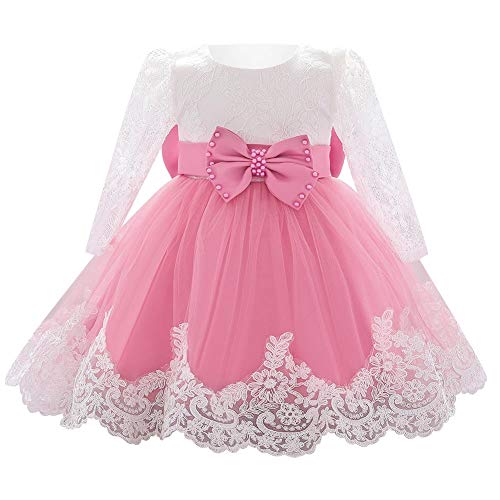 FYMNSI Vestido de niña para fiesta de cumpleaños o bautizo, con lazo y flores, con cinta para la frente, para princesa, boda, dama de honor, vestido de fiesta 11# Rosa Oscuro 12-18 Meses