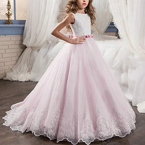 FYMNSI Vestido de Niña Primera Comunión Encaje Elegante Vestido de Dama de Honor de la Boda de Sin Mangas Princesa Tul Tutu Noche Ceremonia Vestidos Largos Formales Rosa Palido 8-9 Años