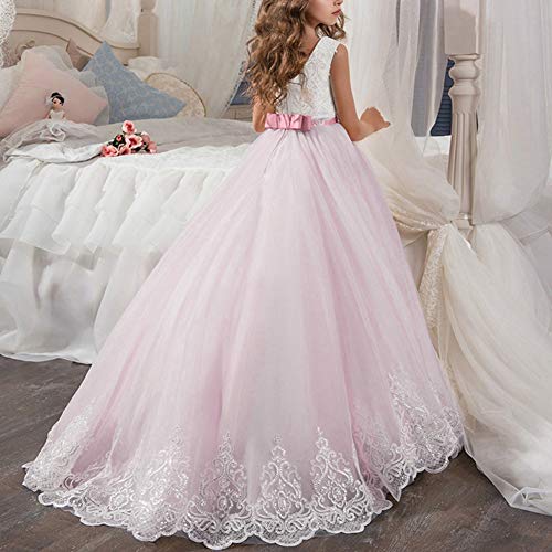 FYMNSI Vestido de Niña Primera Comunión Encaje Elegante Vestido de Dama de Honor de la Boda de Sin Mangas Princesa Tul Tutu Noche Ceremonia Vestidos Largos Formales Rosa Palido 8-9 Años