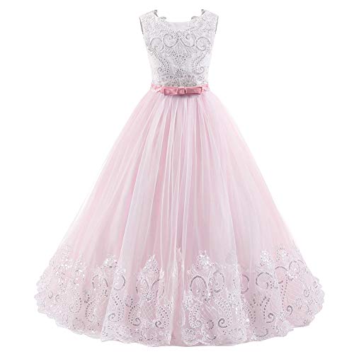 FYMNSI Vestido de Niña Primera Comunión Encaje Elegante Vestido de Dama de Honor de la Boda de Sin Mangas Princesa Tul Tutu Noche Ceremonia Vestidos Largos Formales Rosa Palido 8-9 Años