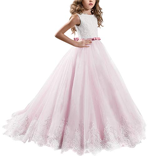FYMNSI Vestido de Niña Primera Comunión Encaje Elegante Vestido de Dama de Honor de la Boda de Sin Mangas Princesa Tul Tutu Noche Ceremonia Vestidos Largos Formales Rosa Palido 8-9 Años