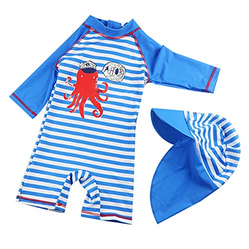 G-Kids Bañador de una pieza para niños con protección UV UPF 50+ con sombrero para el sol. azul y blanco 86 cm-92 cm