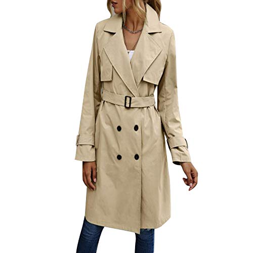 Gabardina de Doble Botonadura para Mujer con Blet Abrigo de Solapa Medio Largo clásico Abrigo clásico de otoño Invierno (Khaki, XL)