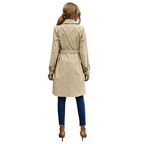 Gabardina de Doble Botonadura para Mujer con Blet Abrigo de Solapa Medio Largo clásico Abrigo clásico de otoño Invierno (Khaki, XL)