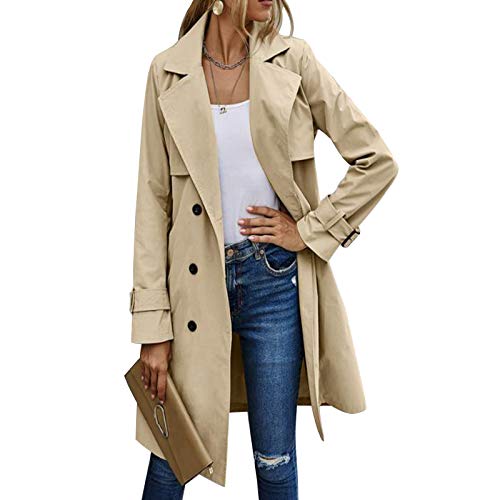 Gabardina de Doble Botonadura para Mujer con Blet Abrigo de Solapa Medio Largo clásico Abrigo clásico de otoño Invierno (Khaki, XL)