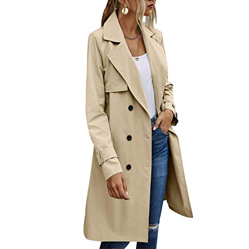 Gabardina de Doble Botonadura para Mujer con Blet Abrigo de Solapa Medio Largo clásico Abrigo clásico de otoño Invierno (Khaki, XL)