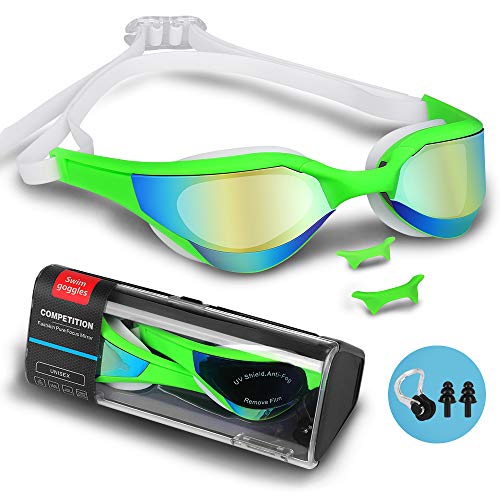 Gafas de Natación, Gafas Nadar con Libre Clip de Nariz Enchufe Deoído Anti Niebla Anti UV Lente Estuche de Almacenamiento Correa de Silicona Ajustable para Adulto Hombres Mujeres Jóvenes Niños (Verde)