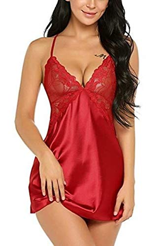 Gdofkh Encaje Europeo y Americano Desnudo Espalda Hueca lencería Sexy imitación camisón de Seda de Hielo Traje de tentación Sexy