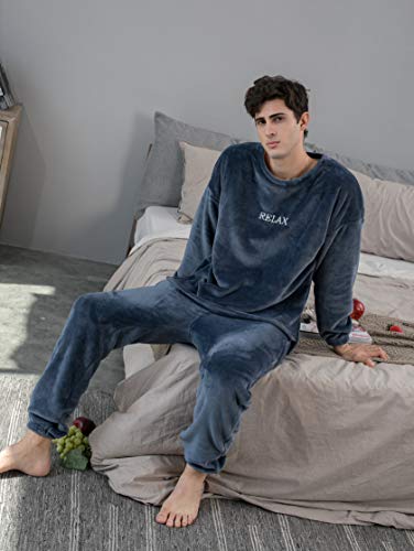 Geagodelia Juego de pijama de invierno de forro polar unisex para mujer y hombre, 2 piezas, camiseta + pantalones de color liso, ropa de casa, cálido y elegante azul oscuro XXL