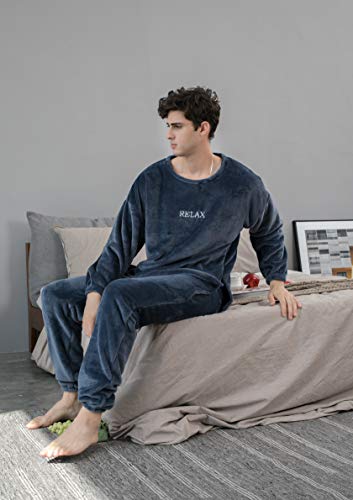 Geagodelia Juego de pijama de invierno de forro polar unisex para mujer y hombre, 2 piezas, camiseta + pantalones de color liso, ropa de casa, cálido y elegante azul oscuro XXL