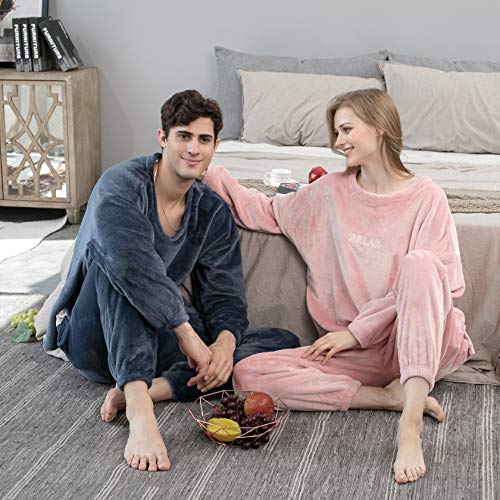 Geagodelia Juego de pijama de invierno de forro polar unisex para mujer y hombre, 2 piezas, camiseta + pantalones de color liso, ropa de casa, cálido y elegante azul oscuro XXL