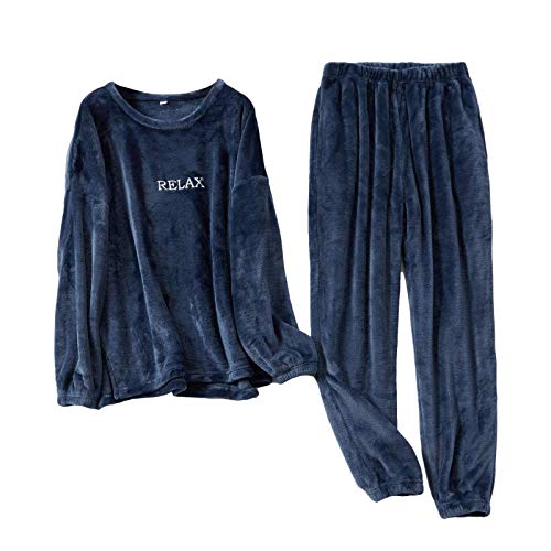 Geagodelia Juego de pijama de invierno de forro polar unisex para mujer y hombre, 2 piezas, camiseta + pantalones de color liso, ropa de casa, cálido y elegante azul oscuro XXL
