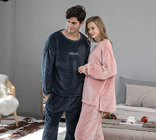 Geagodelia Juego de pijama de invierno de forro polar unisex para mujer y hombre, 2 piezas, camiseta + pantalones de color liso, ropa de casa, cálido y elegante azul oscuro XXL