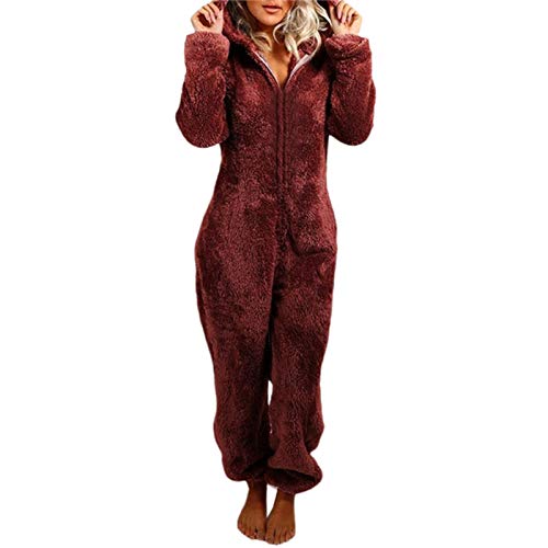 Geagodelia Pijama de peluche para mujer, pijama entero de invierno, forro polar de coral, mono de manga larga, mono con cremallera, sudaderas con capucha de peluche, ropa de noche Vino Rosso XL