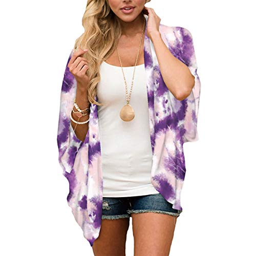 Gebell Kimono - Kimono de gasa floral para mujer, estilo kimono, para la playa o la playa, manga 3/4, estilo bohemio, blusa para verano, ligera, ropa de playa morado S