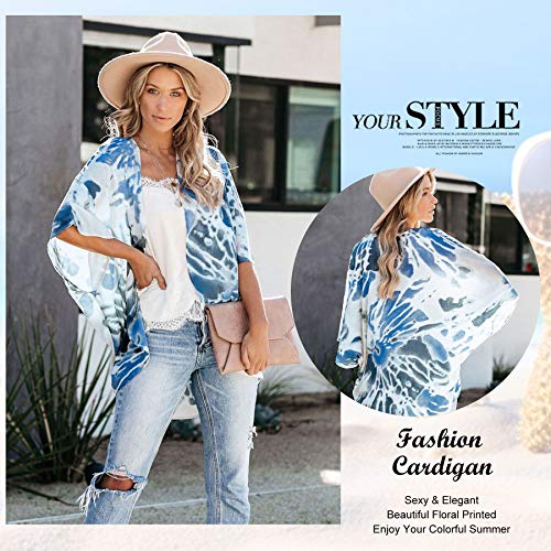Gebell Kimono - Kimono de gasa floral para mujer, estilo kimono, para la playa o la playa, manga 3/4, estilo bohemio, blusa para verano, ligera, ropa de playa azul L