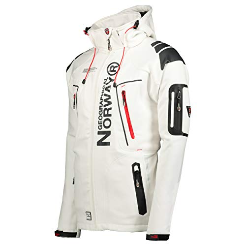 Geographical Norway TECHNO MEN - Chaqueta Softshell Impermeable Para Hombres - Capucha Hombre Transpirable Exteriores - Chaqueta De Invierno De Viento - Actividades Ideales Exteriores (BLANCO L)