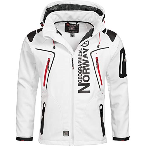 Geographical Norway TECHNO MEN - Chaqueta Softshell Impermeable Para Hombres - Capucha Hombre Transpirable Exteriores - Chaqueta De Invierno De Viento - Actividades Ideales Exteriores (BLANCO L)