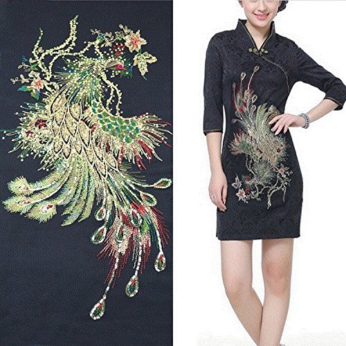 Gespout Parches Applique Bordados para Ropa Paño Trim Embellishments Parche Termoadhesivo Costura Cazadoras Camisa Bolsas Exquisito Proceso de Bordado Cheongsam Pavo Real 1pcs 63 * 36cm Negro