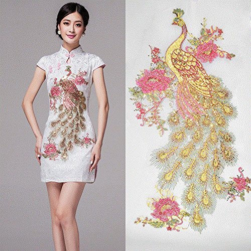 Gespout Parches Applique Bordados para Ropa Paño Trim Embellishments Parche Termoadhesivo Costura Cazadoras Camisa Bolsas Exquisito Proceso de Bordado Cheongsam Pavo Real 1pcs 63 * 36cm Negro