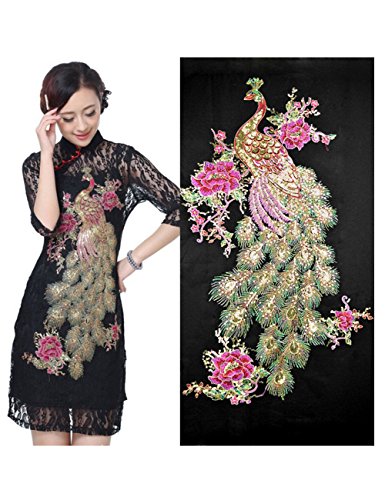 Gespout Parches Applique Bordados para Ropa Paño Trim Embellishments Parche Termoadhesivo Costura Cazadoras Camisa Bolsas Exquisito Proceso de Bordado Cheongsam Pavo Real 1pcs 63 * 36cm Negro