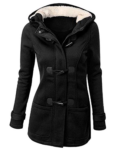 GHYUGR Abrigos con Horn Botones Mujer Invierno Elegantes Slim Chaqueta con Capucha Jacket Sudadera Pullover Outwear Parka,Negro,XXL