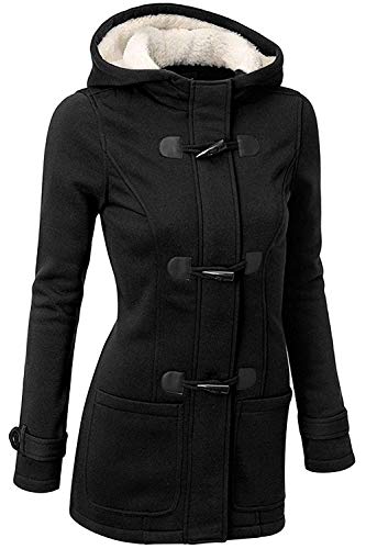 GHYUGR Abrigos con Horn Botones Mujer Invierno Elegantes Slim Chaqueta con Capucha Jacket Sudadera Pullover Outwear Parka,Negro,XXL