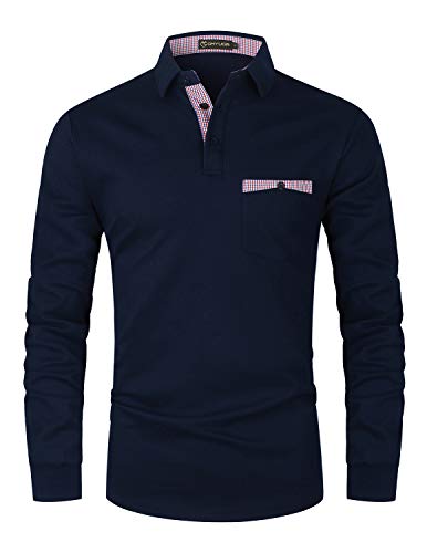 GHYUGR Polo Hombre Manga Larga Elegante Cuello a Cuadros Camiseta con Bolsillo Poloshirt Otoño Golf T-Shirt Trabajo Camisa,Azul,L