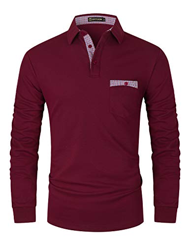 GHYUGR Polo Hombre Manga Larga Elegante Cuello a Cuadros Camiseta con Bolsillo Poloshirt Otoño Golf T-Shirt Trabajo Camisa,Rojo,XXL
