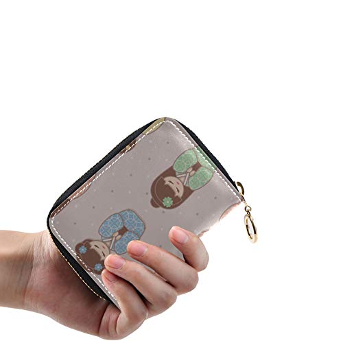 GiftCardHolderWallet Kimono Ropa Dibujada a Mano Japón CreditCardHolderForMen Cuero PU Cremallera Alrededor Tamaño Compacto Tarjeta Cartera Titular para Mujeres Damas Niñas Cartera de acordeón Minim